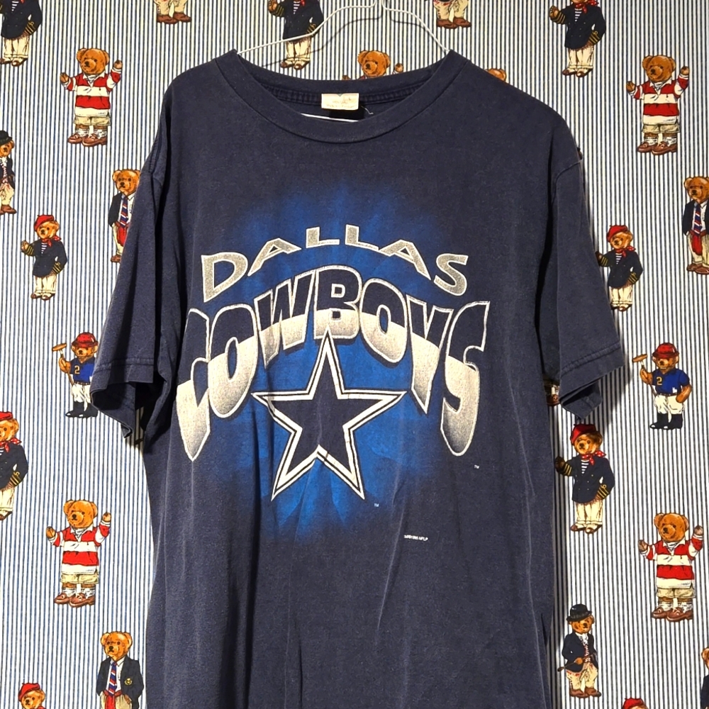Vintage 90s Dallas Cowboys Faded Blue Spellout Star Shirt Large Tour Champ Tag